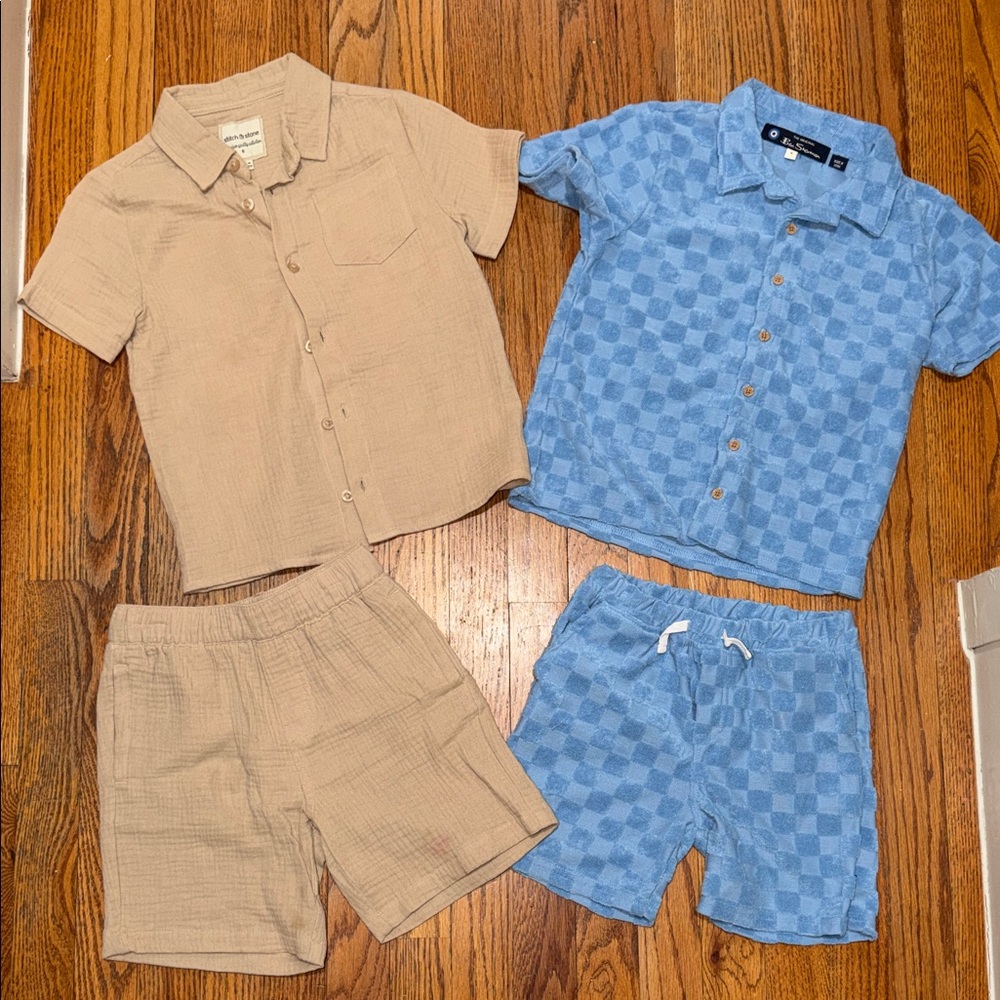 Blue and Tan Kids' Button-Up Shirt and Shorts Set